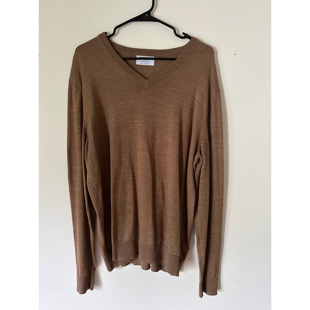 Old Navy Mens V-Neck Sweater Brown Cotton Blend Lightweight Knit Pullover Large